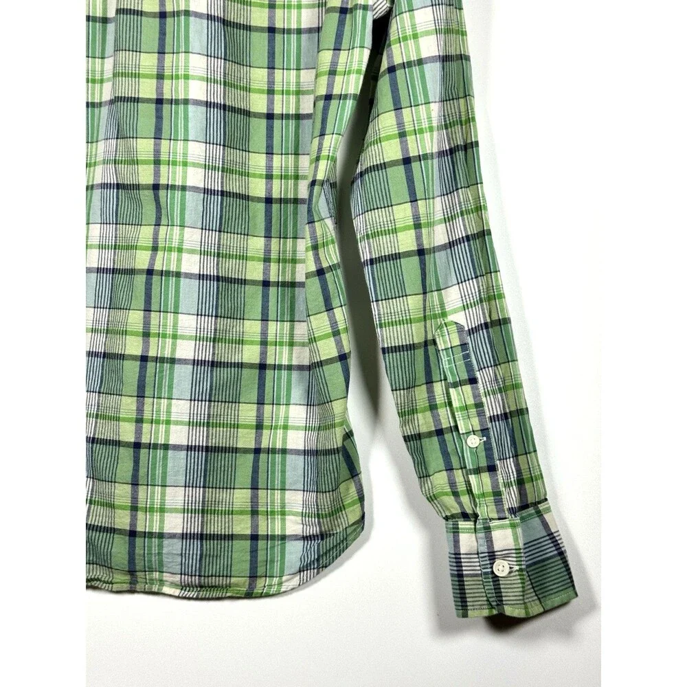 J‎ Crew Indian Madras Shirt Mens Small Green Plaid Slim Fit Cotton Button Front